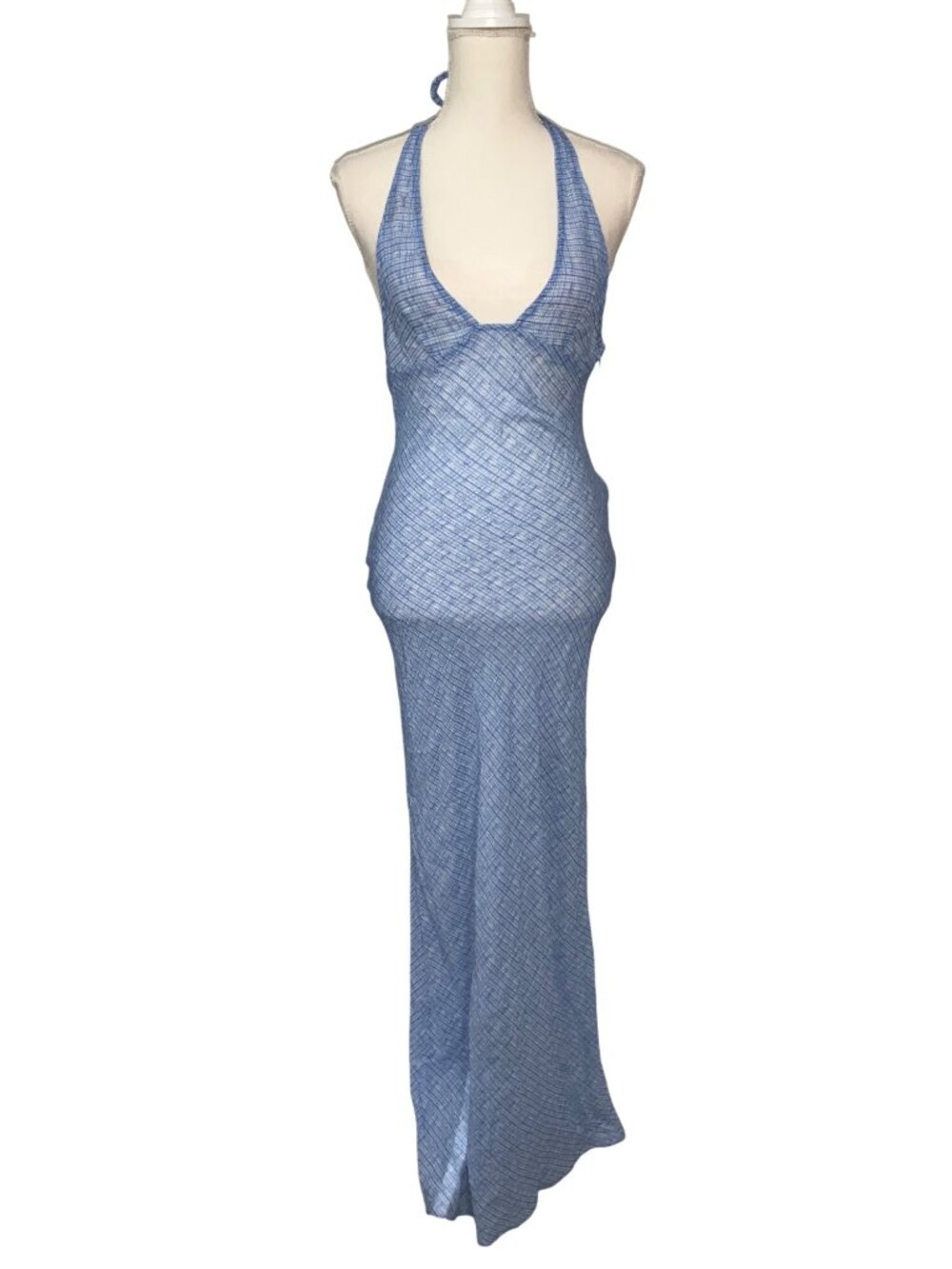LIONESS Carrie Halter Dress in Blue Check Small New Womens Long maxi Gown - Picture 5 of 15